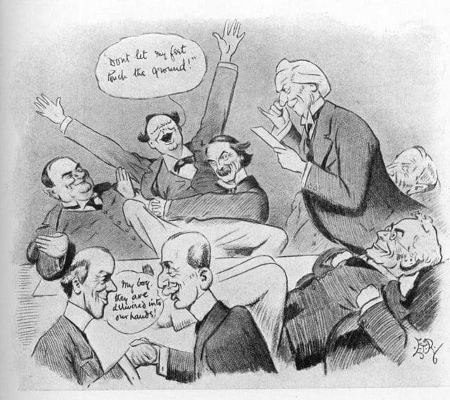 Asquith's Cabinet Reacts to the Lords' Rejection of the "People's Budget"—a satirical cartoon, 1909. Prime Minister Asquith's government welcomed the Lords' veto of the "People's Budget"; it moved the country toward a constitutional crisis over the Lords' legislative powers. (Asquith makes the announcement while David Lloyd George holds down a jubilant Winston Churchill.)