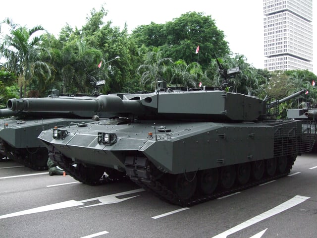 Singapore Army Leopard 2SG upgraded with AMAP composite armour and towards the rear with slat armour by IBD & ST Kinetics