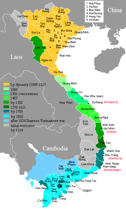 Map of Vietnam showing the conquest of the south (the Nam tiến, 1069–1757).