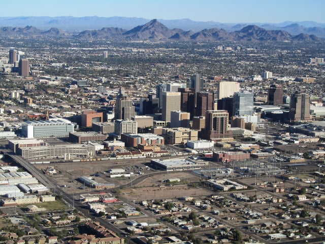 Downtown Phoenix from an airplane, 2011