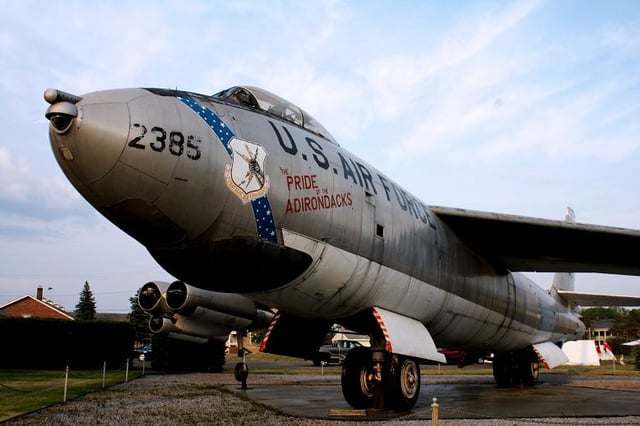 A B-47 bomber with the inscription "Pride of the Adirondacks", one of two aircraft on display in the Clyde A. Lewis Air Park.
