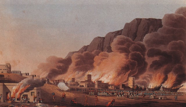 A painting depicting the British Expeditionary Force in 1809 sacking the coastal town and port of Ras Al Khaimah.