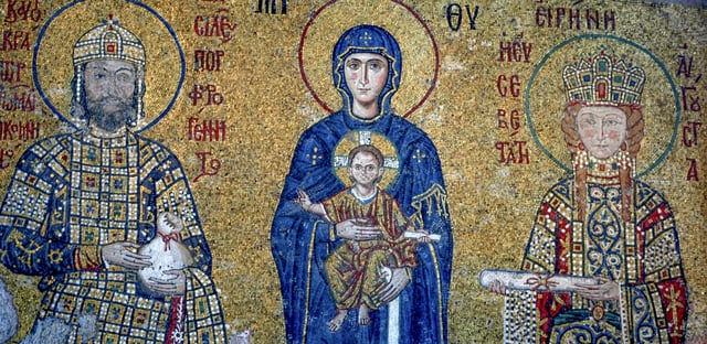 A mosaic from the Hagia Sophia of Constantinople (modern Istanbul), depicting Mary and Jesus, flanked by John II Komnenos (left) and his wife Irene of Hungary (right), 12th century