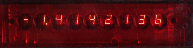 LED display of a TI-30 scientific calculator (ca. 1978), which uses plastic lenses to increase the visible digit size