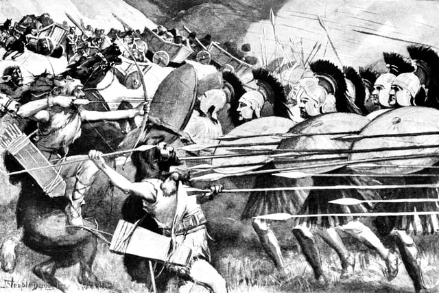 The Macedonian phalanx at the "Battle of the Carts" against the Thracians in 335 BC.