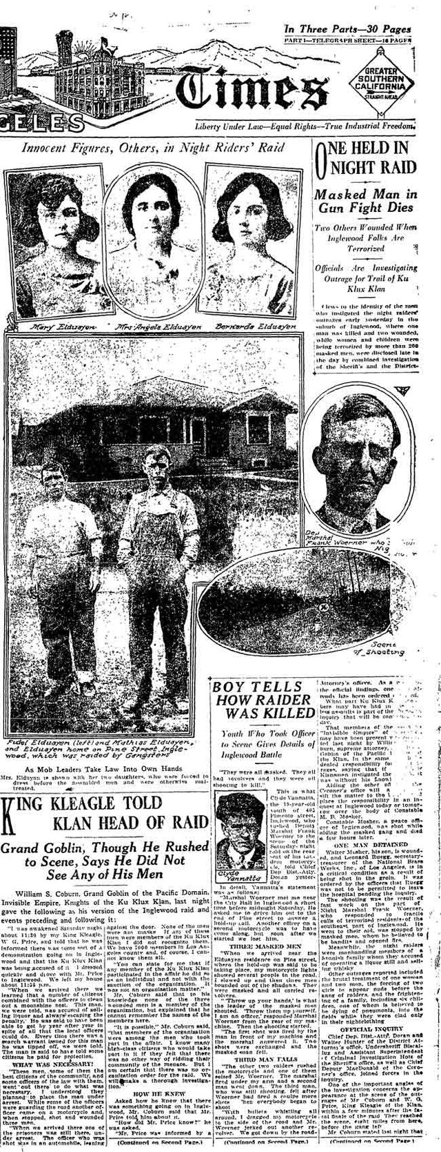Partial front page of the Los Angeles Times for Monday, April 24, 1922, displaying coverage of a Ku Klux Klan raid in an L.A. suburb