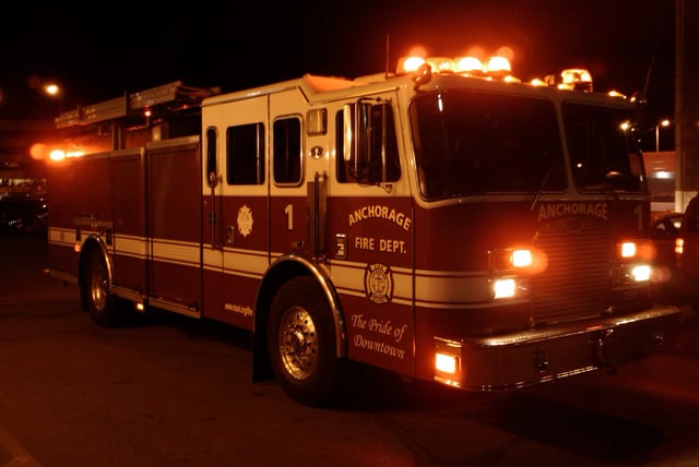 Anchorage Fire Department engine based at its downtown station, responding to a call early in the morning.