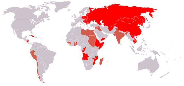 Countries which once had overtly Marxist–Leninist governments in bright red and countries the USSR considered at one point to be "moving toward socialism" in dark red