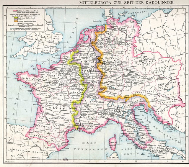 Detailed map of the Carolingian Empire at its greatest extension (814) and subsequent partition of 843 (Treaty  of Verdun).