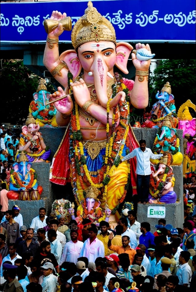 Street festivities in Hyderabad, India during the festival of Ganesha Chaturthi