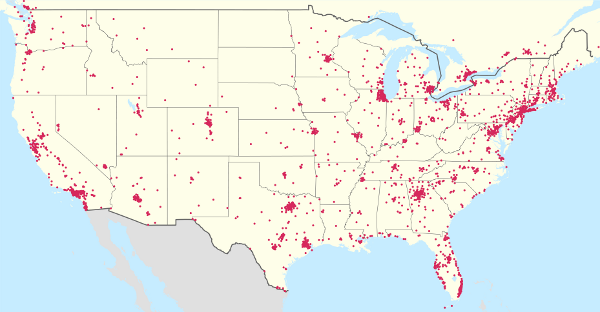 Map of Home Depot stores in the contiguous United States and Southern Canada, as of August 2011.