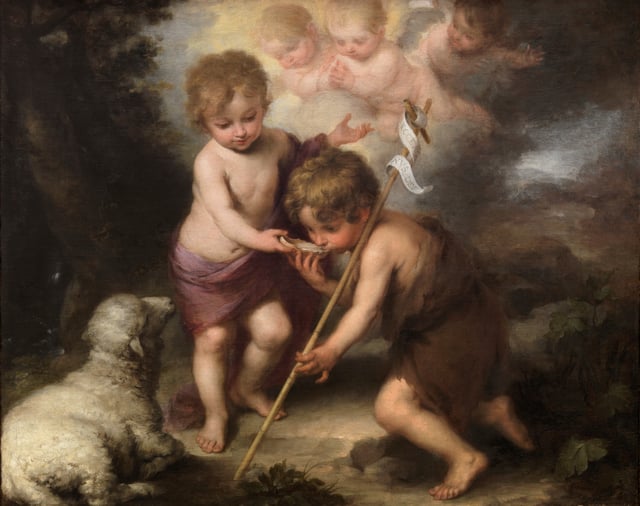 John the Baptist (right) with child Jesus, in the painting The Holy Children with a Shell by Bartolomé Esteban Perez Murillo