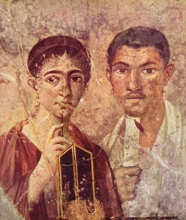Pride in literacy was displayed in portraiture through emblems of reading and writing, as in this example of a couple from Pompeii (Portrait of Paquius Proculo).