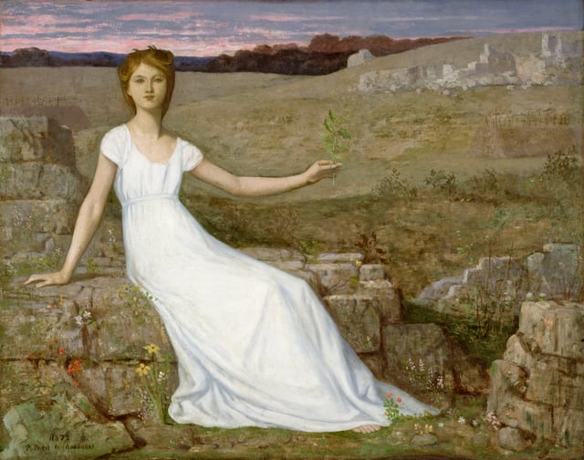 In this painting by Pierre Puvis de Chavannes a woman holds up an oak twig as a symbol of hope for the nation's recovery from war and deprivation after the Franco-Prussian War. The Walters Art Museum.