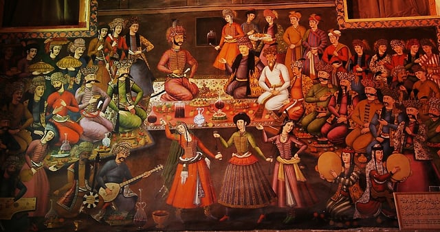 Shah Abbas the II holding a banquet for foreign dignitaries. Detail from a ceiling fresco at the Chehel Sotoun Palace in Isfahan.