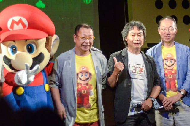 Longtime employees Takashi Tezuka, Shigeru Miyamoto, and Koji Kondo in 2015