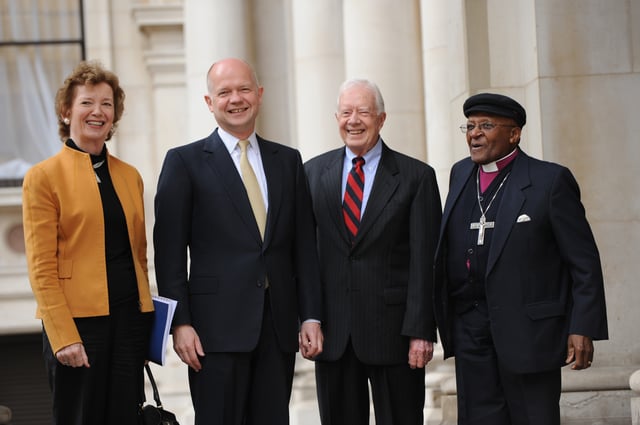 Tutu with Irish President Mary Robinson, British First Secretary of State William Hague, and former US President Jimmy Carter in 2012