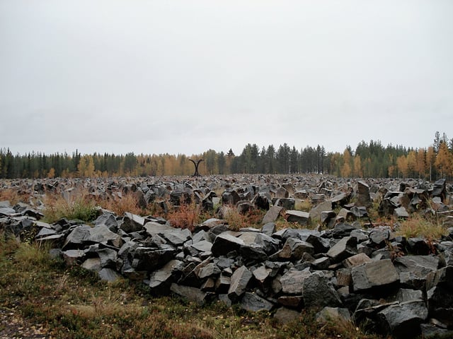 A Winter War monument at Suomussalmi, Finland, containing a rock for every soldier who died at the Battle of Suomussalmi: 750 Finnish and an estimated 24,000 Soviet