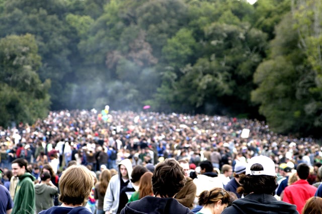 Students and others gather for a "420 Day" event in Porter Meadow at the University of California, Santa Cruz, campus on April 20, 2007.