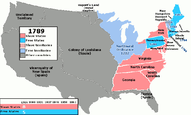 An animation depicting when United States territories and states forbade or allowed slavery, 1789–1861