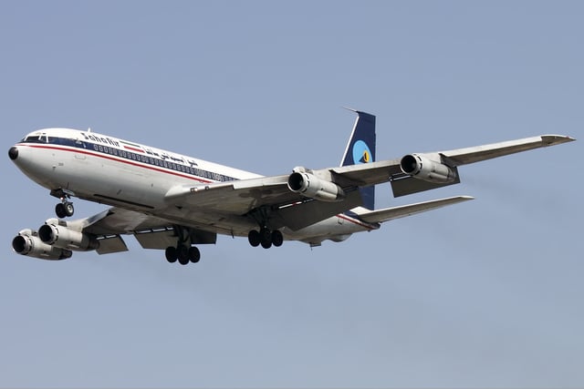 Saha Airlines 707 landing at Tehran-Mehrabad in 2011: Saha Airlines was the last commercial operator of the 707.
