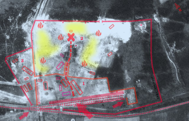 Aerial photograph of Belzec camp perimeter taken in 1944 by the Luftwaffe (common with death factories after cleanup, making sure that it is safe to abandon). Known structures are gone except for the brick-and-mortar garage and auto-shop for the SS, whose foundations still exist today (lower left). Across the fence (left), separated from the main camp, the Hiwi guards' accommodations with kitchen as well as sorting and packing yard for victims possessions. Dismantled barracks can still be seen surrounded by walking sand. The railway unloading platform, with two parallel ramps, marked with red arrow. A smaller arrow shows the holding pen for Jews still waiting to be "processed". Location of gas chambers marked with a cross. Undressing and hair-cropping area marked with rectangle, with fenced-out "Sluice" into the woods, obstructing the view of the surroundings. Cremation pyres and ash pits (yellow), upper half.