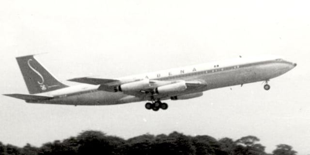Early production Boeing 707–329 of Sabena in April 1960 with the original short tail-fin and no ventral fin