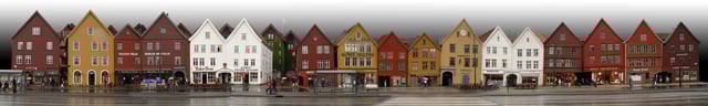 Panorama of the reconstructed Hanseatic buildings of Bryggen, a World Heritage Site