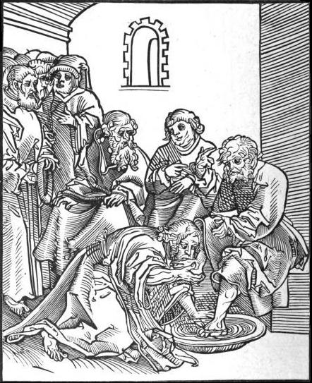 Christus, by Lucas Cranach. This woodcut of John 13:14–17 is from Passionary of the Christ and Antichrist. Cranach shows Jesus kissing Peter's foot during the footwashing. This stands in contrast to the opposing woodcut, where the pope demands others kiss his foot.
