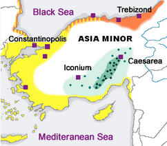 Distribution of Greek dialects in Anatolia in the late Byzantine Empire through to 1923. Demotic in yellow. Pontic in orange. Cappadocian in green. (Green dots indicate Cappadocian Greek speaking villages in 1910.)