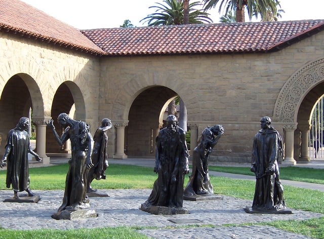 Bronze statues by Auguste Rodin are scattered throughout the campus, including these Burghers of Calais