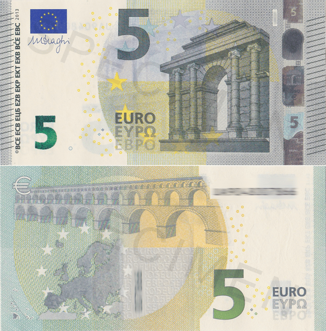 The new banknotes were introduced in the beginning of 2013. The top half of the image shows the front side of the 5 euro note and the bottom half shows the back side.