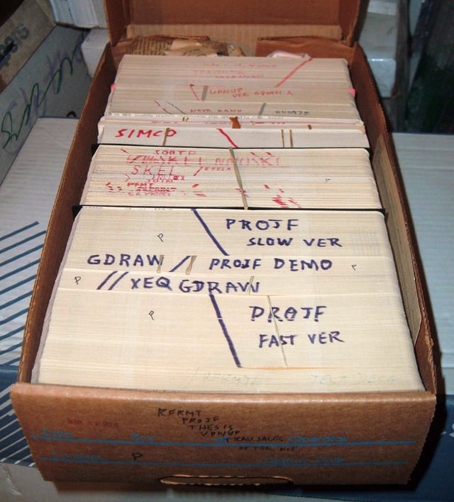 Data and instructions were once stored on external punched cards, which were kept in order and arranged in program decks.