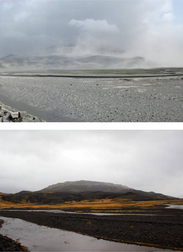 Upper: Ash covers the Thórsmörk valley in early June 2010, immediately after the eruption Lower: The same area, in September 2011
