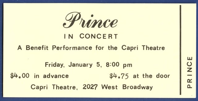 Ticket to Prince's first performance with his band in January 1979