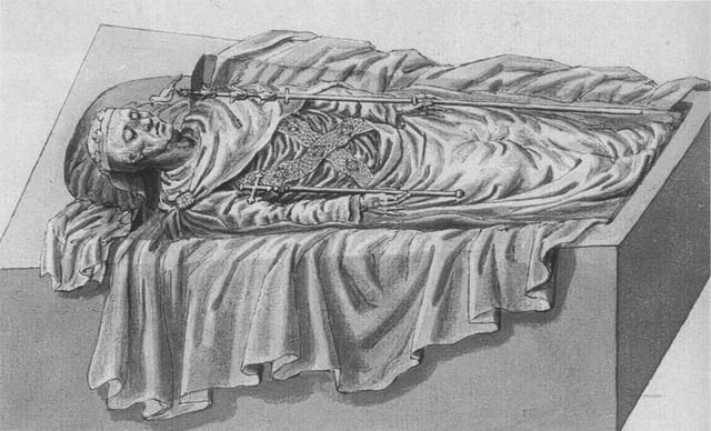 Remains of Edward I, from an illustration made when his tomb was opened in 1774