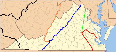 Lines show legal treaty frontiers between Virginia Colony and Indian Nations in various years, as well as today's state boundaries. Red: Treaty of 1646. Green: Treaty of Albany (1684). Blue: Treaty of Albany (1722). Orange: Proclamation of 1763. Black: Treaty of Camp Charlotte (1774). Area west of this line in present-day Southwest Virginia was ceded by the Cherokee in 1775.