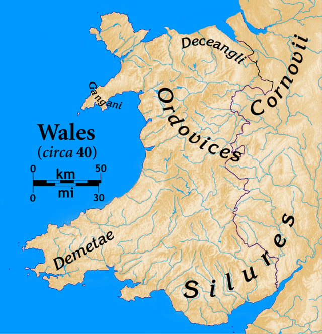 Tribes of Wales at the time of the Roman invasion and showing the modern Wales-England border