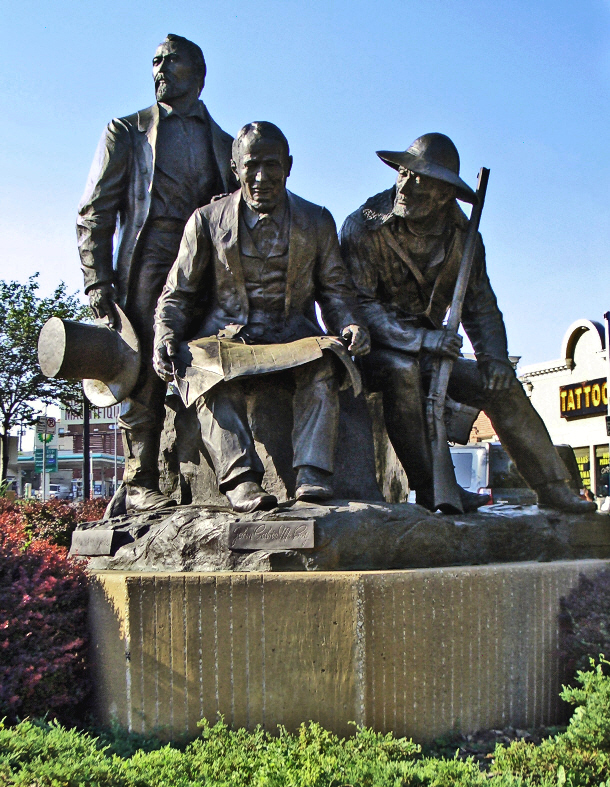 Kansas City Pioneer Square monument in Westport features Pony Express founder Alexander Majors, Westport/Kansas City founder John Calvin McCoy, and Mountain-man Jim Bridger who owned Chouteau's Store.