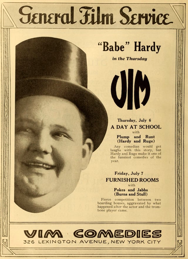 Advertisement with Hardy for A Day at School (1916), part of the Plump & Runt series