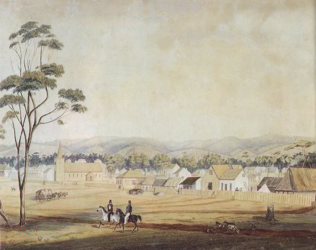 Adelaide in 1839 as viewed south-east from the western end of North Terrace, including Holy Trinity Church. (The church tower lost its "peaked cap" in 1844.)