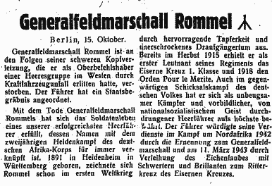 The official announce of Erwin Rommel's death by the Nazi newspaper "Bozner Tagblatt", 16 October 1944