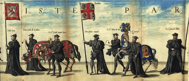 Flag of the Kingdom of Sardinia (center) at the funeral of Charles I of Spain
