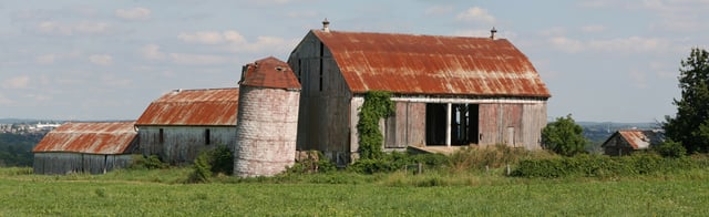 Barns and silo in Newmarket, Ontario, Canada. These structures were torn down in March 2009.