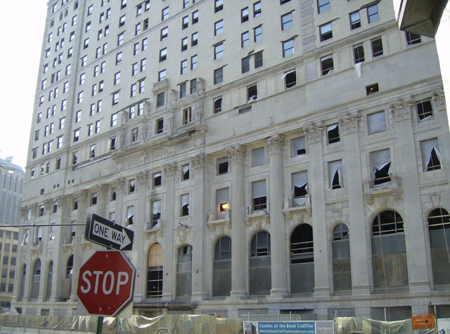 Westin Book-Cadillac Hotel during extensive restoration; the hotel tower reopened in 2008