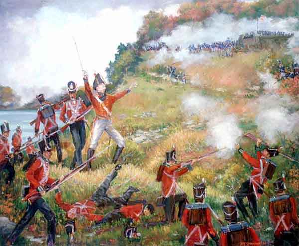 Issac Brock leading a charge in an attempt to retake the heights during the Battle of Queenston Heights; he was killed in the battle