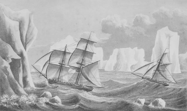 Painting of James Weddell's second expedition in 1823, depicting the brig Jane and the cutter Beaufroy