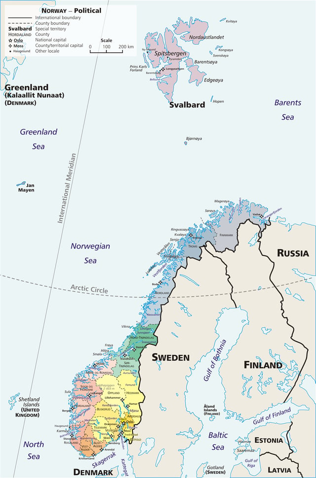 An administrative map of Norway, showing the 19 fylker, the Svalbard (Spitsbergen) and Jan Mayen islands, which are part of the Norwegian kingdom