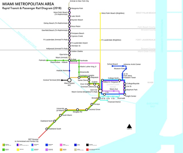 Schematic of rapid transit and passenger rail service in the Miami metropolitan area in 2017. The Tri-Rail Downtown Miami Link is scheduled to be operational in 2019.