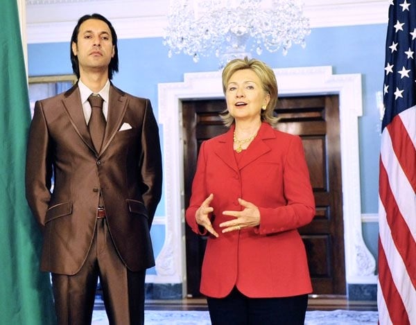 Libyan National Security Adviser Mutassim Gaddafi, a son of Colonel Gaddafi, with U.S. Secretary of State Hillary Clinton in 2009. Father and son were later executed.